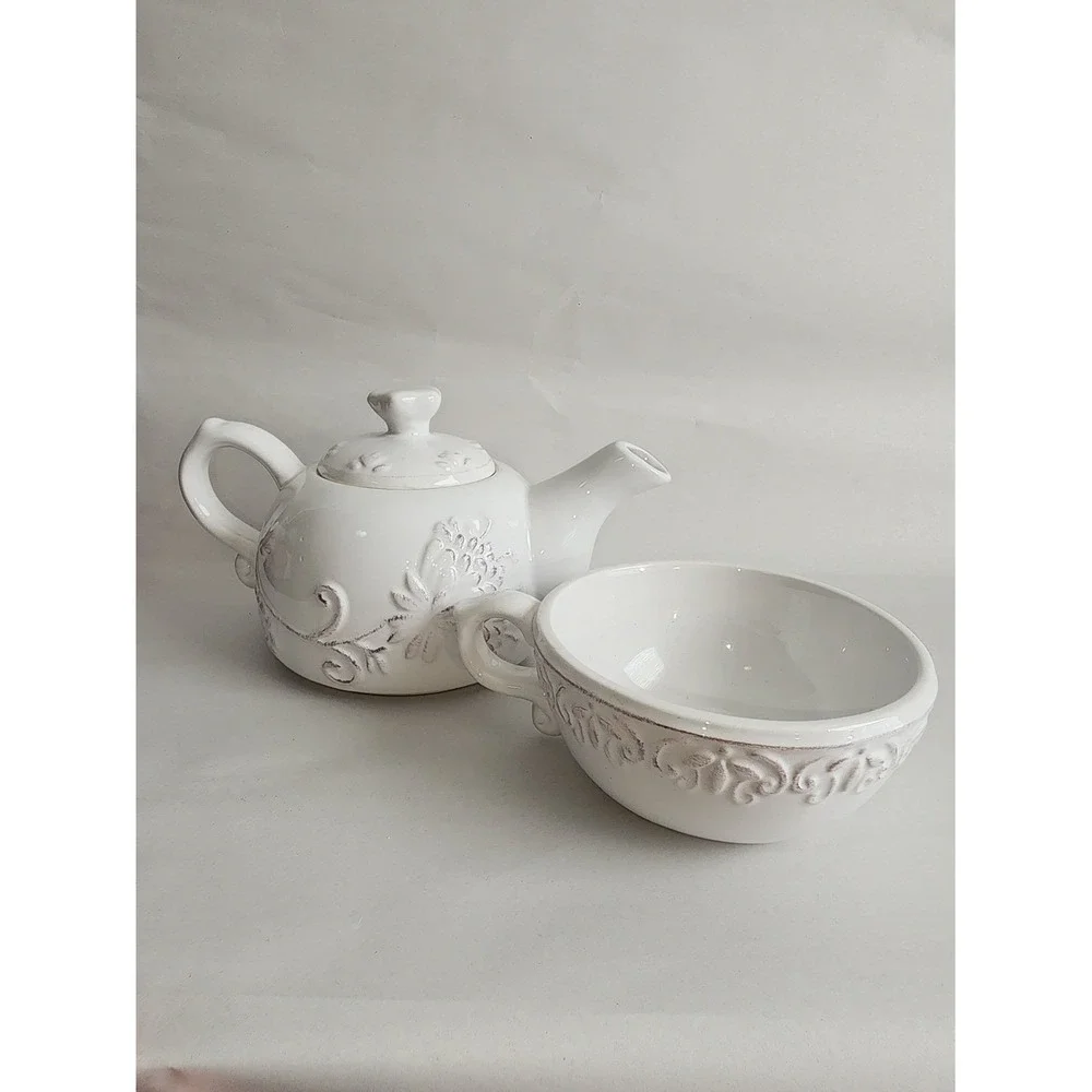 Dena Home Tea For One Set White Embossed Floral Ceramic Teapot and Cup